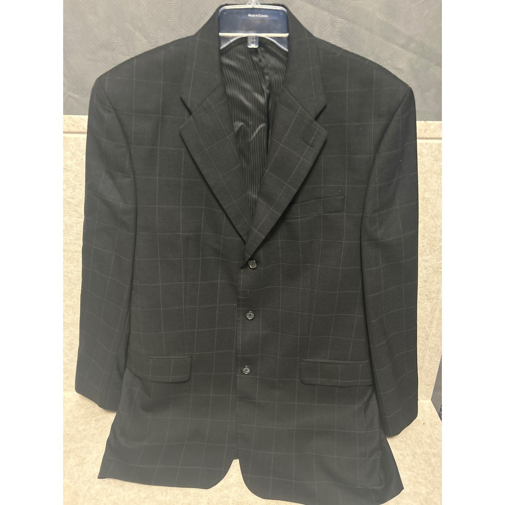 Bachrach Mens 42L Pure New Wool Blazer Black Windowpane Grid 3 Button Jacket